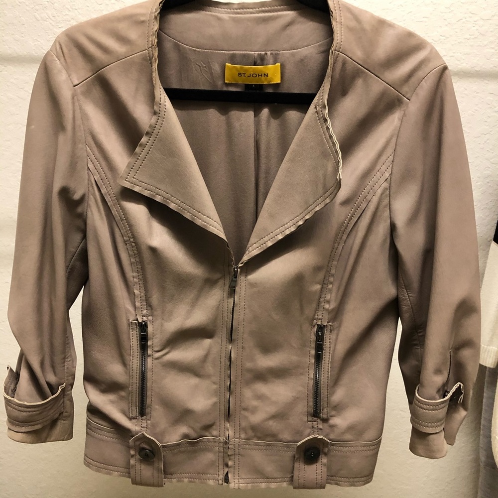 St John Leather Moto 3/4 Sleeve Jacket Sz 4